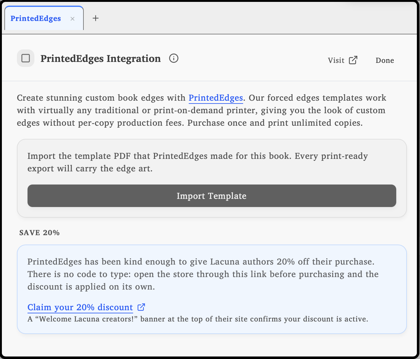 Lacuna PrintedEdges Integration panel with the Import Template action