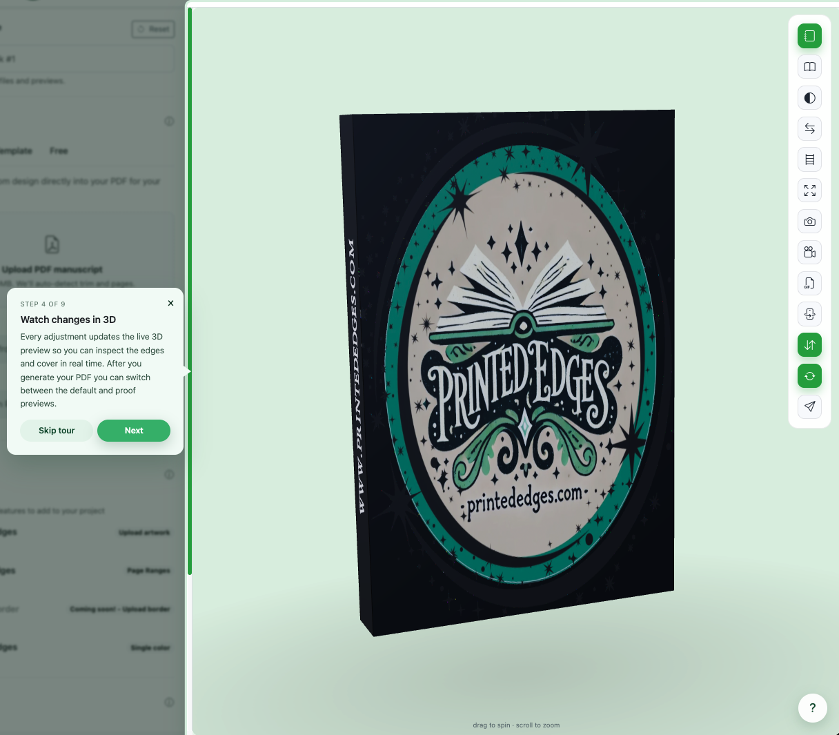 Live 3D book preview interface