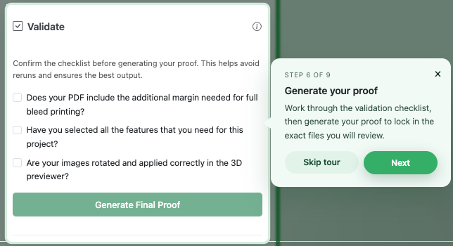 Generate final proof button and checklist