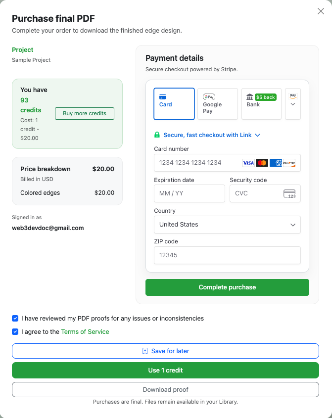 Purchase modal with pricing, download, and credit options